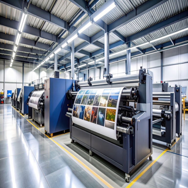 A high definition printing press machines lined up in spacious industrial facility, showcasing vibrant images on large rolls of paper. environment exudes sense of modern technology and efficiency
